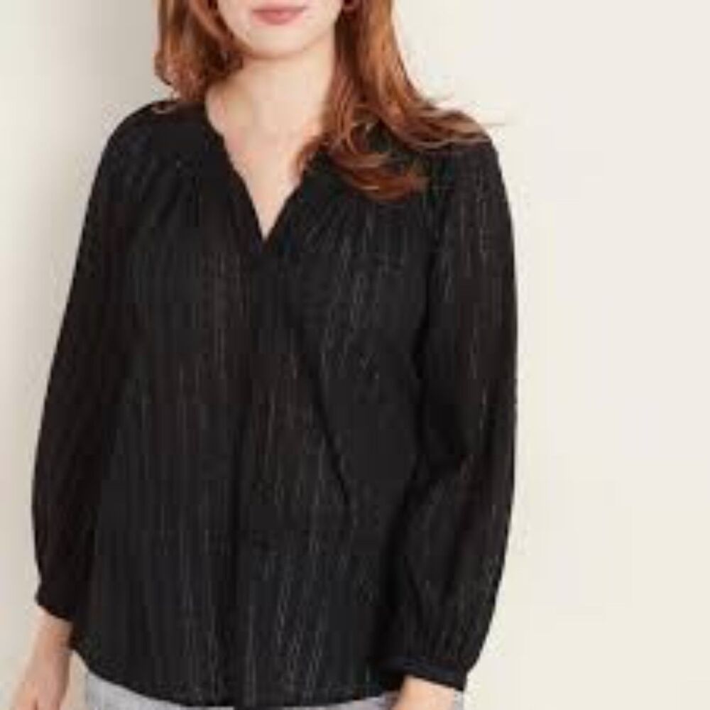 NWT Old Navy Black Silver Metallic Cotton Tie-Neck Clip-Dot Swing Blouse Top L